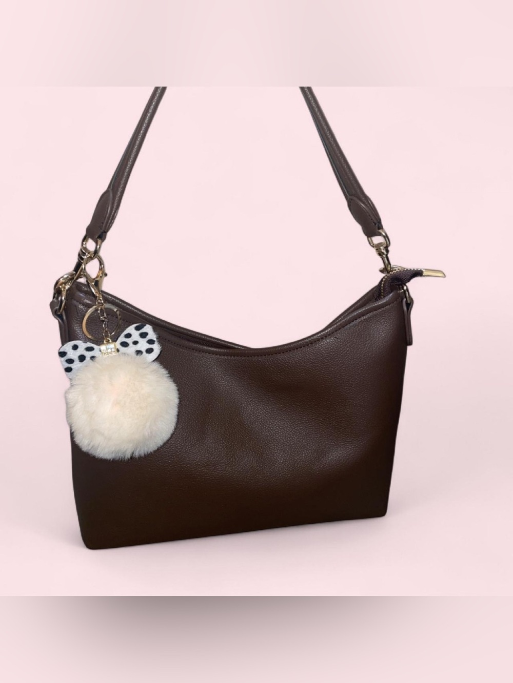 Classic Brown Women’s Shoulder Bag with Pom Charm